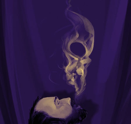 Illustration of a person blowing up smoke that looks like a skull.