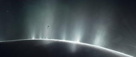 The Cassini spacecraft swoops through plumes issuing from Saturn's moon Enceladus (artist's impression).