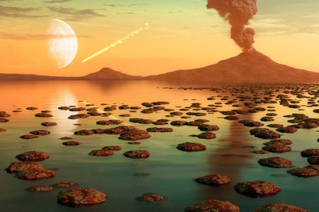 Illustration of the Earth as it may have been in the Archaean eon (3.8 to 2.5 billion years ago) in its early history. Columnar formations in the sea are stromatolites. In the background of the illustration is an active volcano and an asteroid falling through the atmosphere