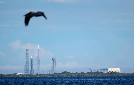 A Blue Origin New Glenn rocket is seen on the launch pad on Dec. 19, 2024, at Launch Complex-36 during a wet dress rehearsal test ahead of the rocket's maiden flight from Cape Canaveral Space Force Station in Cape Canaveral, Florida