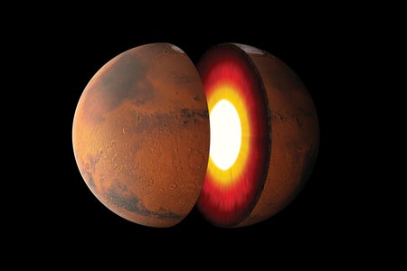 ion Cutaway illustration of the planet Mars, detailing the solid inner core and surrounding mantle. polar ice cap is also visible on the upper portion of the planets surface.