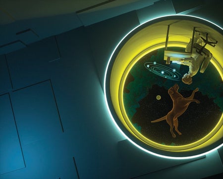 Illustration of a woman at a desk and her dog living in a spacecraft.