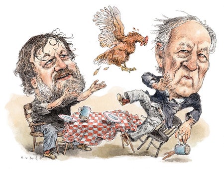 An illustration of director Werner Herzog and Slovenian philosopher Slavoj Žižek.