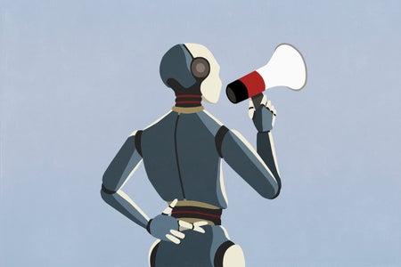 Robot with bullhorn and fingers crossed behind back