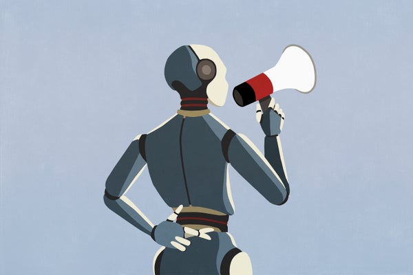 Robot with bullhorn and fingers crossed behind back