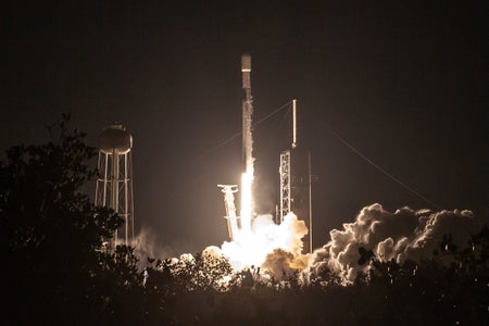 A SpaceX Falcon 9 rocket launches from launch pad 30A at the Kennedy Space Center, carrying the Intuitive Machines Moon Lander Athena.