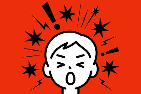 Black and white line drawing of a boy with a pained expression on his face surrounded by lightning bolts, exclamation points, lines, and stars on a red background