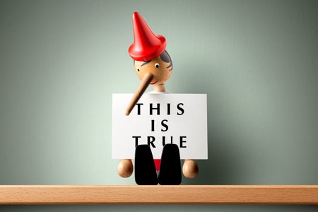 A wooden Pinocchio puppet sitting on a shelf holding sign that reads, "This is true," in its lap
