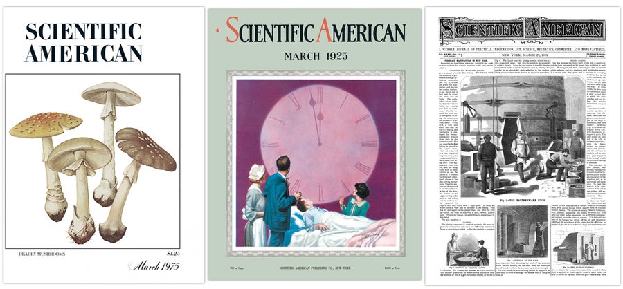 Covers of Scientific American from March 1975, 1925 and 1875.