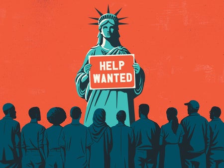 Statue of liberty holding help wanted sign