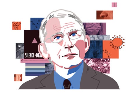 Illustration Anthony Fauci with collage of various images in background