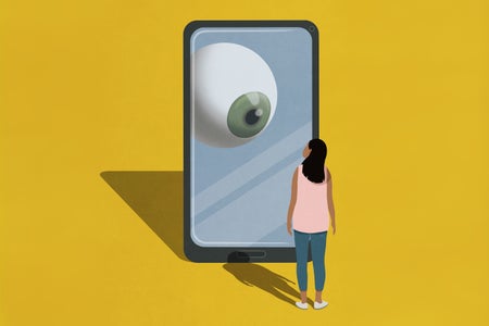 Illustration, woman stands in front of a giant smart phone that towers over her with a large eyeball on the screen watching her