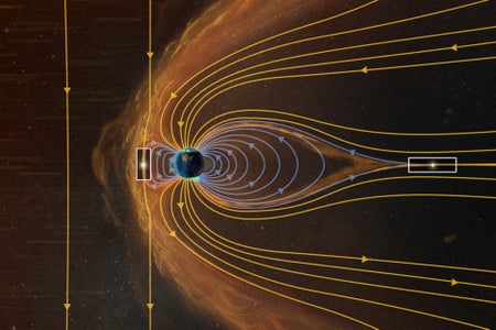 Illustration of Earth with magnetosphere lines drawn to represent conditions during a solar storm. A coronal mass ejection compresses Earth’s magnetosphere. The illustration is rendered in glowing orange, with green auroras visible on the dark side of Earth’s poles.