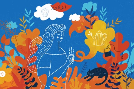 Abstract, colorful vector illustration montage created from hand drawn doodles and watercolor elements representing small pleasures, including a person holding a mug of hot tea, a sleeping cat, a tea pot, tea bag, muffin, lips representing talking, heart shapes, and various leaves, branches, and clouds
