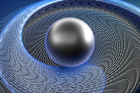 3D illustration of a black glossy sphere above a gridded mesh texture twisted into a spiral