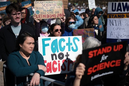 Activists participate in the Stand Up for Science 2025 rally at the Lincoln Memorial on March 7, 2025 in Washington, DC.