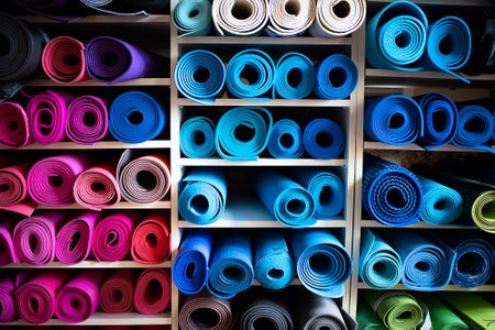 Blue and pink exercise mats lying rolled up on shelves in gym