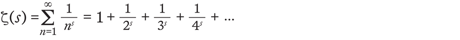 Equation image of the zeta function. In the zeta function, 1 is added to an infinite series of fractional terms, each of which adds 1 over a number raised to a given power, represented by s.