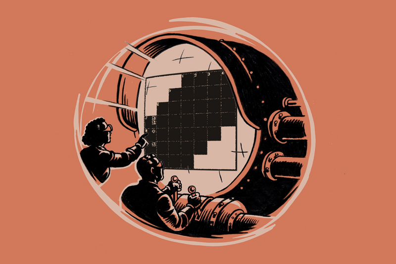 People navigate a crossword using levers on a futuristic illustrated control panel
